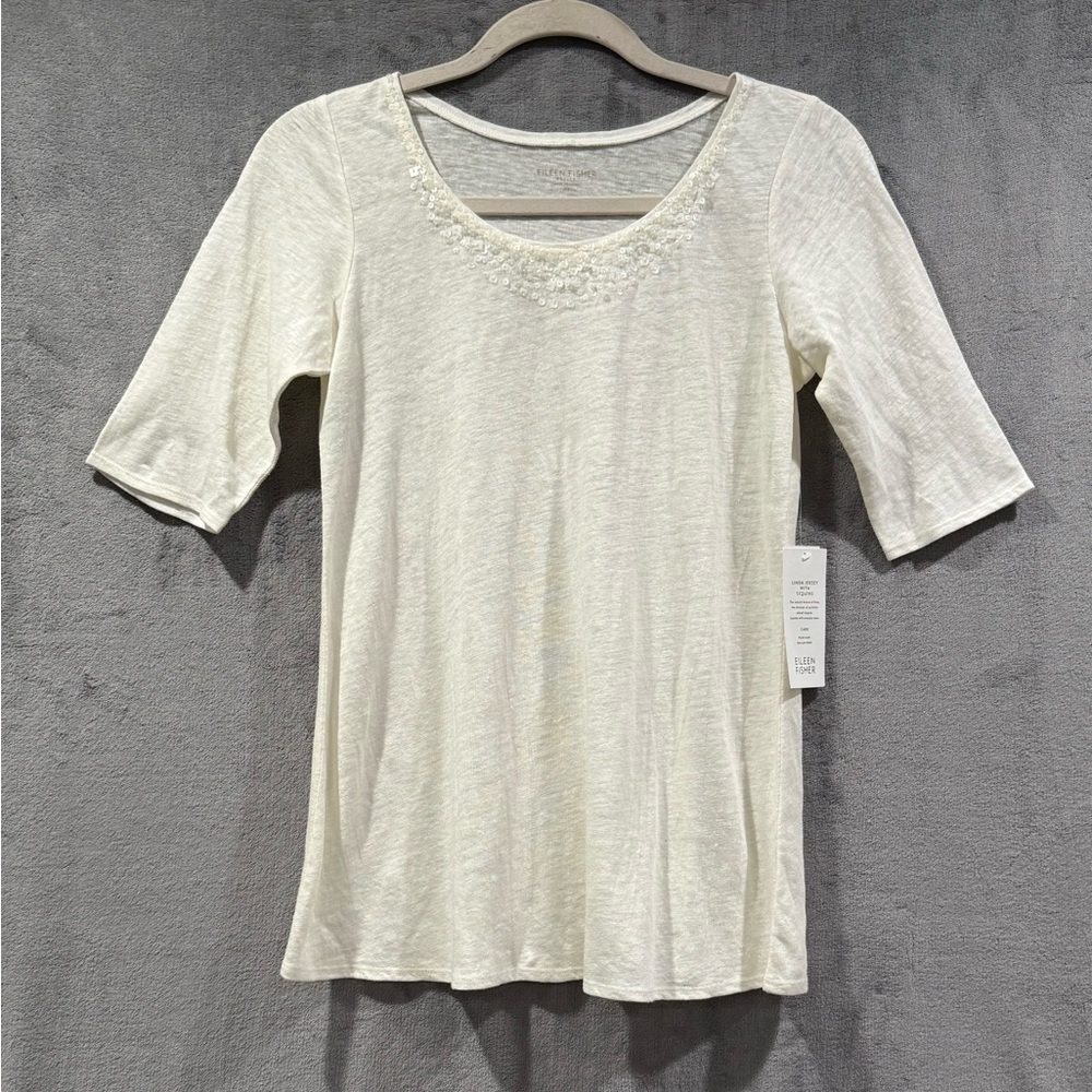Eileen Fisher 100% Linen Sequin Tunic White Jersey Tee Short Sleeve Size PP